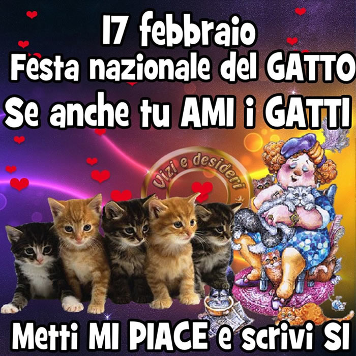 "17 Febbraio Festa nazionale del gatto. Se anche tu ami i gatti metti mi piace e scrivi si!"