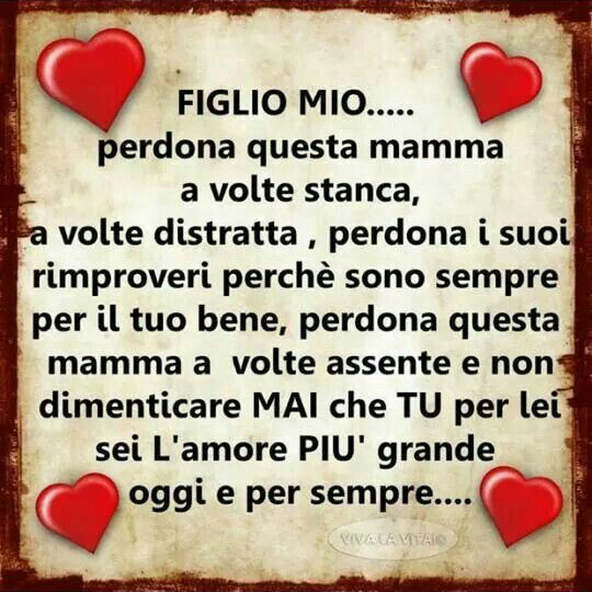 "Figlio Mio... perdona questa mamma a volte stanca, a volte distratta, perdona i suoi rimproveri, perchè sono sempre per il tuo bene. Perdona questa mamma a volte assente....."