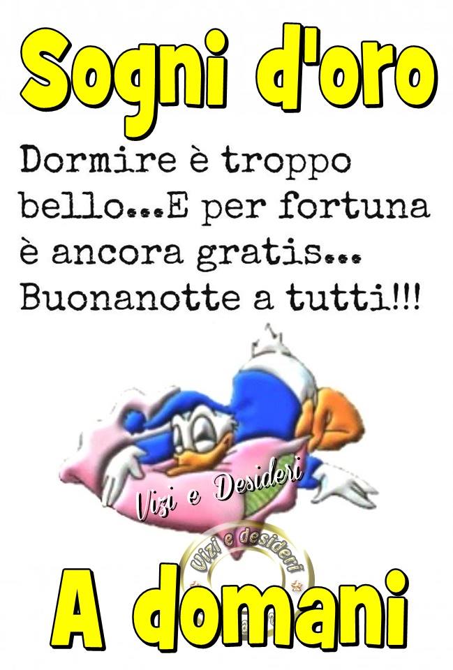 "Sogni d'Oro. Dormire è troppo bello e per fortuna è ancora gratis... Buonanotte a tutti!!! A domani"