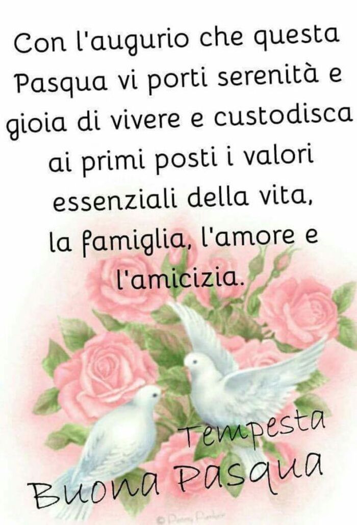 "Con l'augurio che vi porti serenità e gioia di vivere e custodisca ai primi posti i valori essenziali della vita: la famiglia, l'amore e l'amicizia. Buona Pasqua"