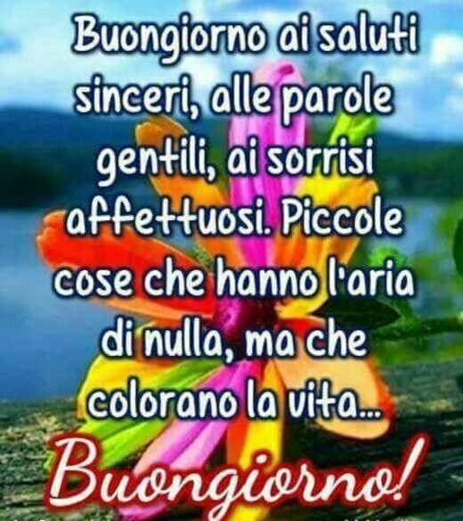 "Buona Giornata ai saluti sinceri, alle parole gentili, ai sorrisi affettuosi. Piccole cose che hanno l'aria di nulla ma che colorano la vita... Buongiorno!"