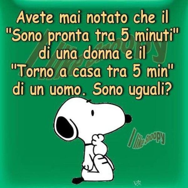 "Avete mai notato che il sono pronta tra 5 minuti di una donna e il torno a casa tra 5 minuti di un uomo sono uguali?" - Immagini divertenti Snoopy