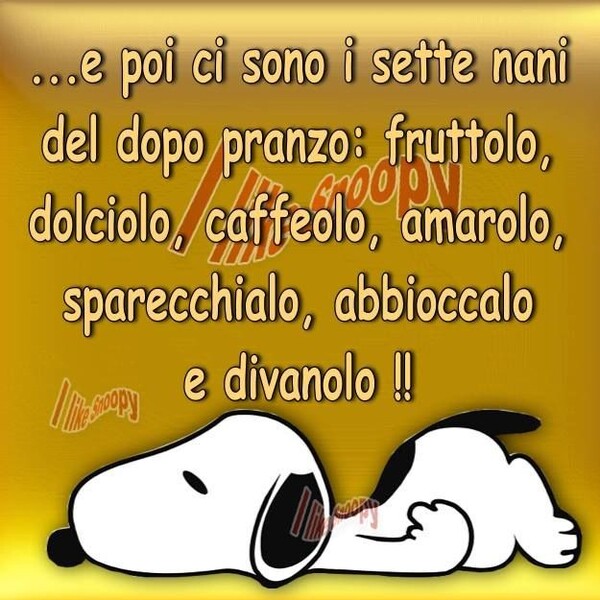 Immagini divertenti Snoopy - "E poi ci sono i sette nani del dopo pranzo: fruttolo, dolciolo, caffeolo, amarolo, sparecchialo, abbioccolo e divanolo !!"