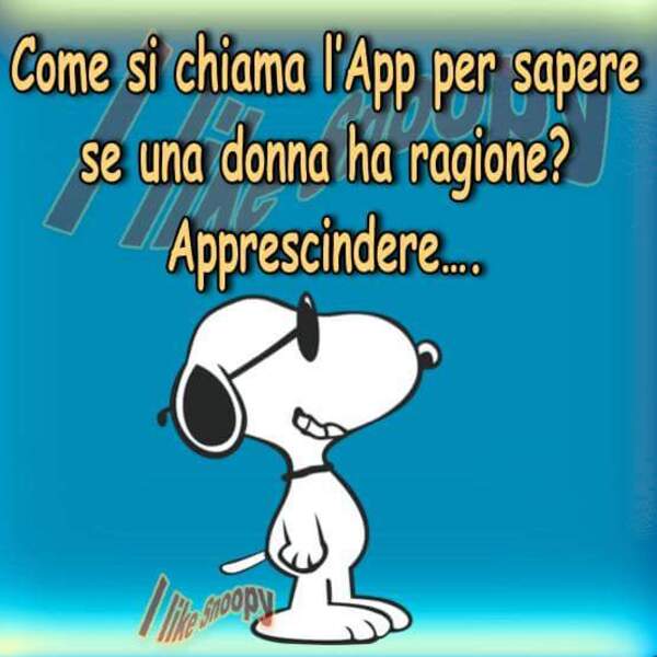 Immagini divertenti Snoopy - "Come si chiama l'App per sapere se una donna ha ragione? Apprescindere..."