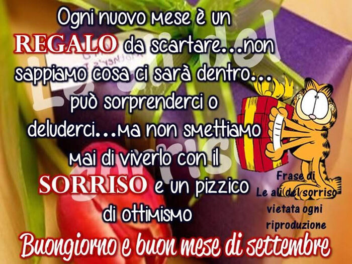 "Ogni nuovo mese è un regalo da scartare... non sappiamo cosa ci sarà dentro... può sorprenderci o deluderci... ma non smettiamo mai di viverlo con il sorriso e un pizzico di ottimismo... Buongiorno e Buon Mese di Settembre"