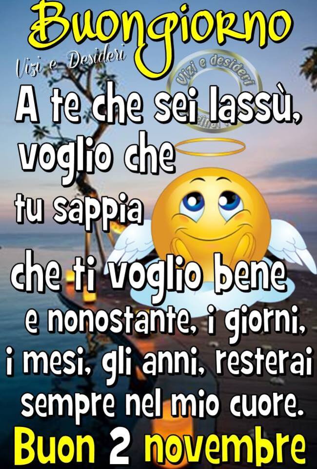 "Buona Giornata. A te che sei lassù, voglio che tu sappia che ti voglio bene, nonstante i giorni, i mesi, gli anni, resterai sempre nel mio Cuore... Buon 2 Novembre"