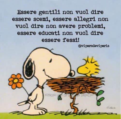 "Essere gentili non vuol dire essere scemi, essere allegri non vuol dire non avere problemi, essere educati non vuol dire essere fessi!" - vignette con Snoopy